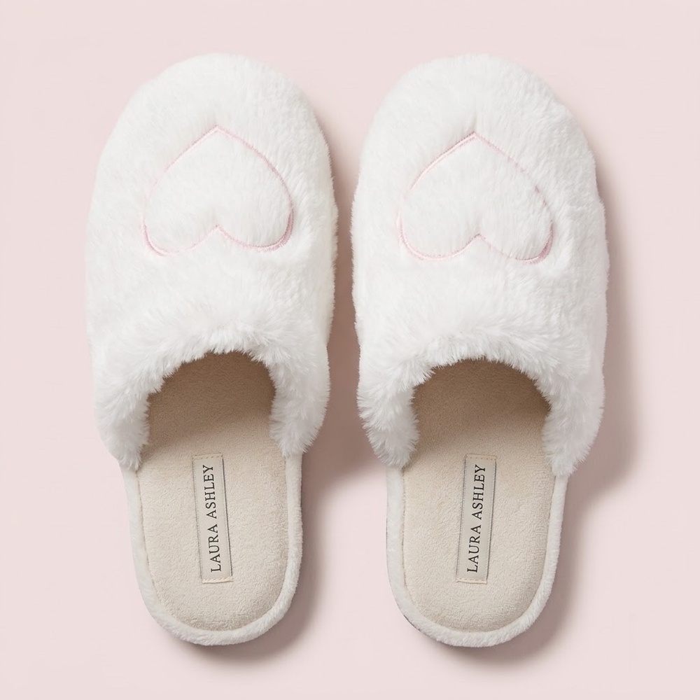 [BOGO] Laura Ashley White‎ Cozy Slippers w/ Pink Heart Size 9W